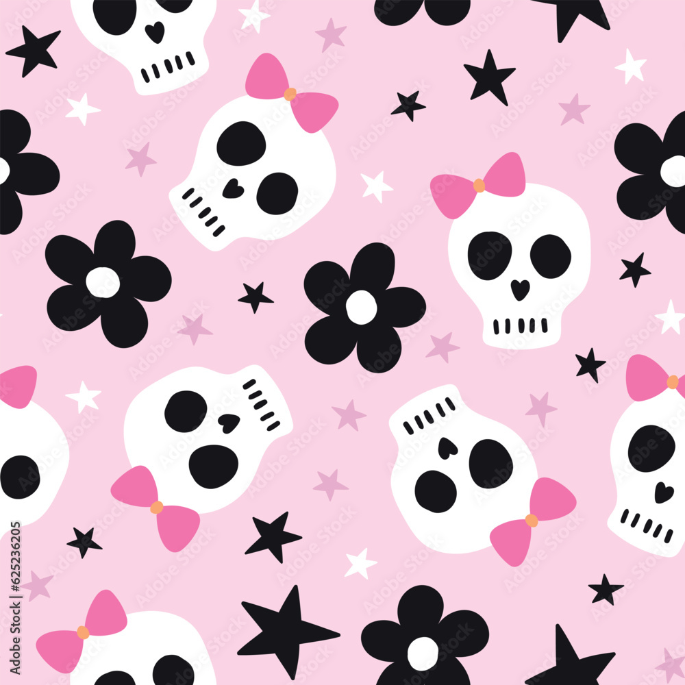 Fototapeta premium Halloween seamless pattern. Halloween background. Skeleton. Pink pattern. Spooky background