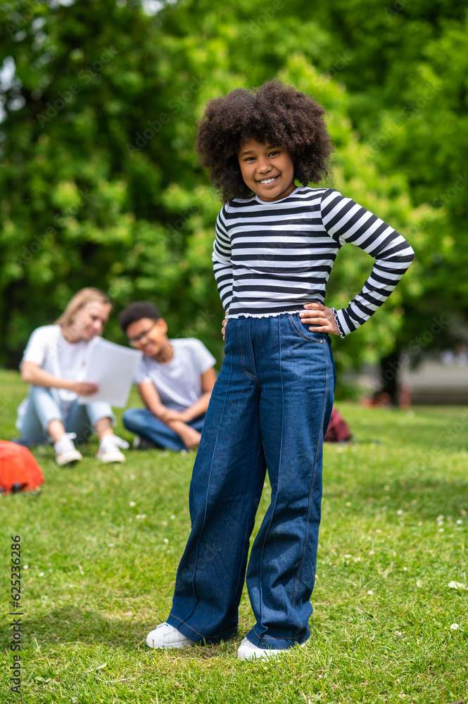 Obraz premium Smiling curly-haired african american teen looking happy