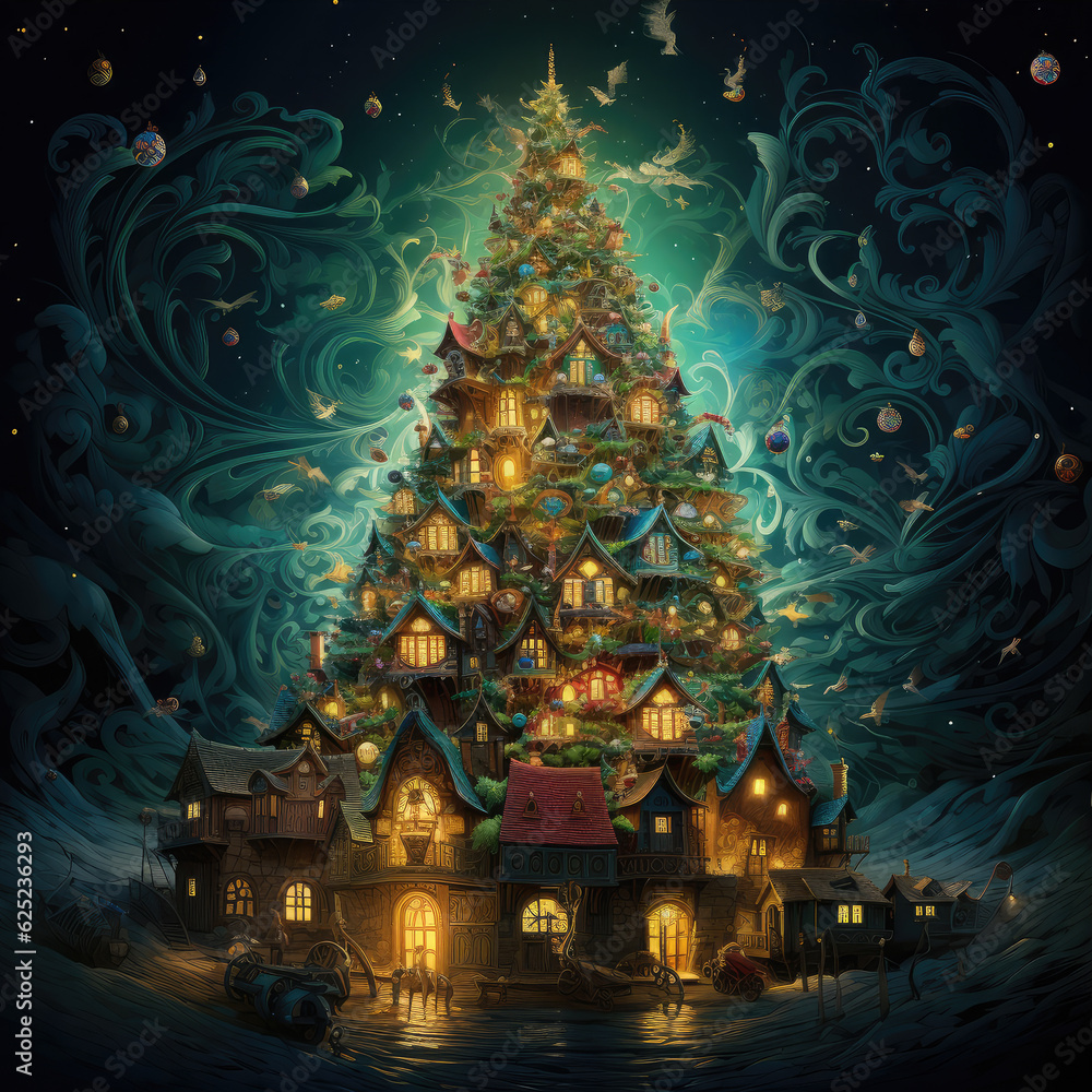 Fototapeta premium interior christmas. magic glowing tree, fireplace and gifts Generative AI technology