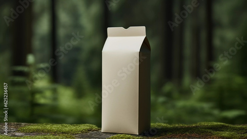 brown milk carton style box mockup on a forest log made with generative ai