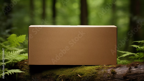 kraft brown cardboard box mockup on a forest log made with generative ai