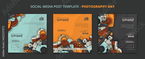 Set of social media post template for photography day campaign with background of cameras doodle art