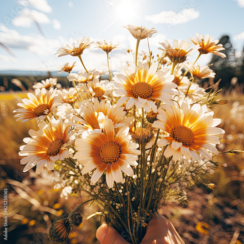 A bouquet of field daisies in a hand against a background of a blue sky