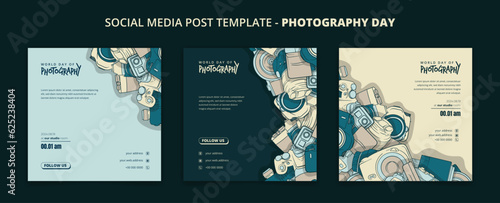 Green social media post template with camera in doodle art design for photography day campaign