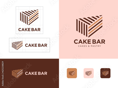 Cake bar logo. Bakery and sweet pastry emblem.  A piece of cake, cake layers consists of some thin lines.