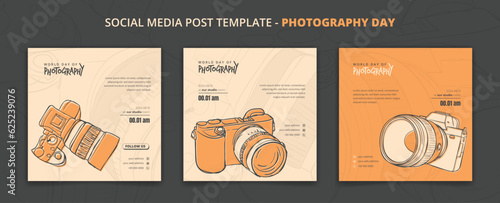 Social media post template with camera in hand drawn design for photography day campaign