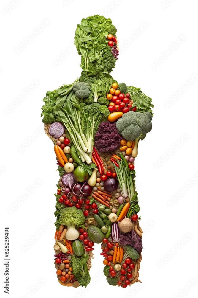 Human body is made from vegetables. white background. professional photography PNG