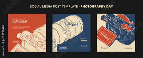 Set of social media post template for photography day with camera in long lens design