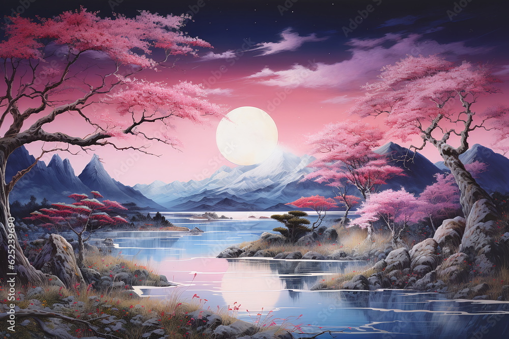 Asian landscape with hills and water with atmospheric sky, 17, ai generated
