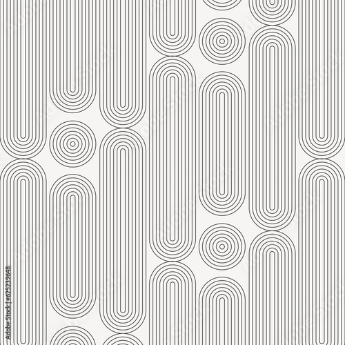 Linear vector pattern, repeating linear circle and linear rounded rectangle shape randomly, monochrome styles. Pattern is clean for fabric, wallpaper, printing. Pattern is on swatches panel