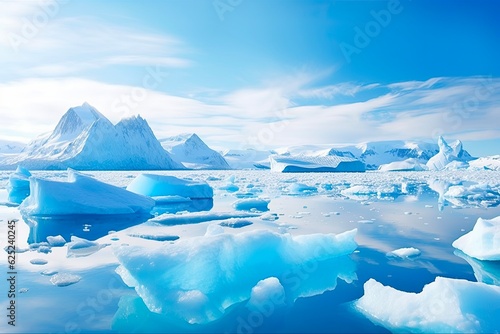 Antarctica's Stunning Landscape: Captivating Blue Icebergs Amidst Raw Nature and Cold Seas. Ideal Travel Destination. Generative AI