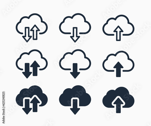 Cloud download and upload icon set. Cloud service symbol. Vector illustration.