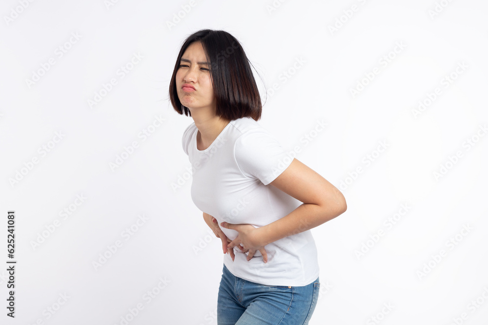 Asian woman is sick Abdominal pain due to menstruation and chronic gastritis isolated on white background Asian woman is sick Abdominal pain due to menstruation and chronic gastritis isolated on white background