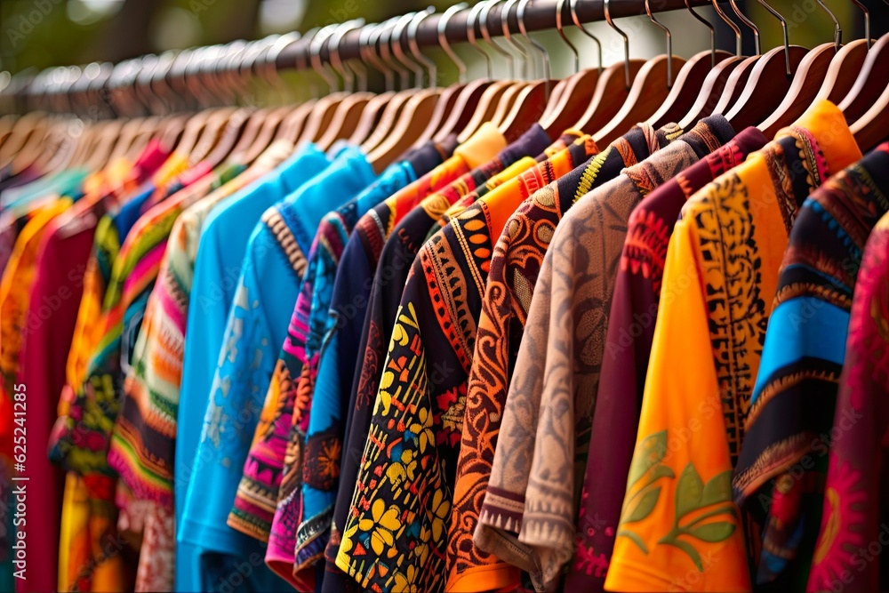 Colorful African Dashikis on Display: Shirts, Caftans, Blouses, Dresses & More in an Outdoor Market. Generative AI