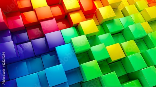 Colorful Blocks - Rainbow Cube Abstract Background in Vibrant Colours of Red, Green and Blue - 3D Render: Generative AI