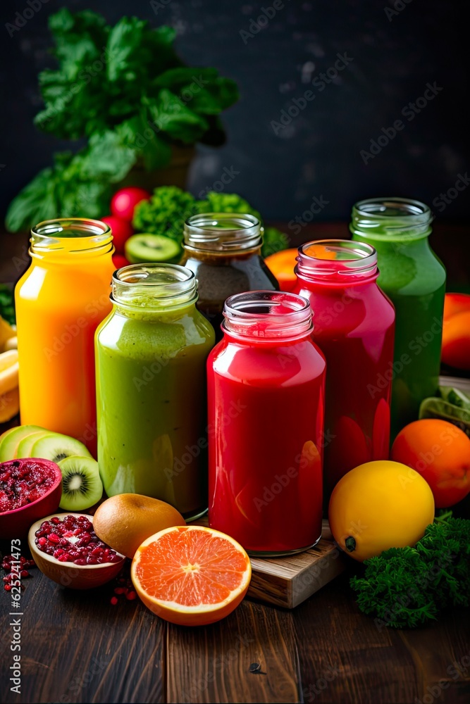 Fresh and Healthy Vegetable Smoothie Bottles with Various Nourishing Ingredients - Detox and Natural Food Concept: Generative AI Fresh and Healthy Vegetable Smoothie Bottles with Various Nourishing Ingredients - Detox and Natural Food Concept: Generative AI