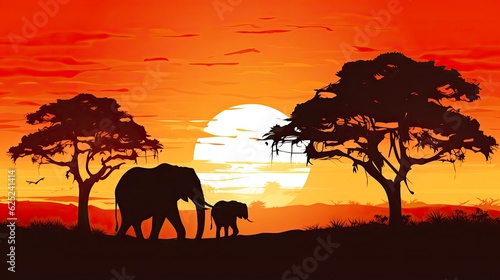 Elephant Silhouette. Majestic Animal in African Sunset Highlighting the Wildlife of Safari: Generative AI © AIGen