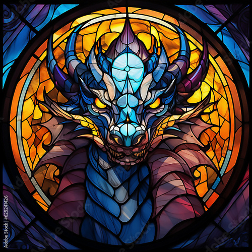 Illustration of a dragon stained glass. AI generated 300 ppi