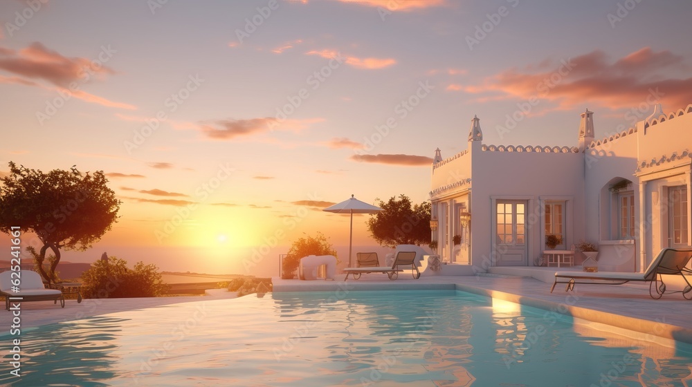 Fototapeta premium Twilight Tranquility: Hilltop Retreat with Ocean View - Generated by AI