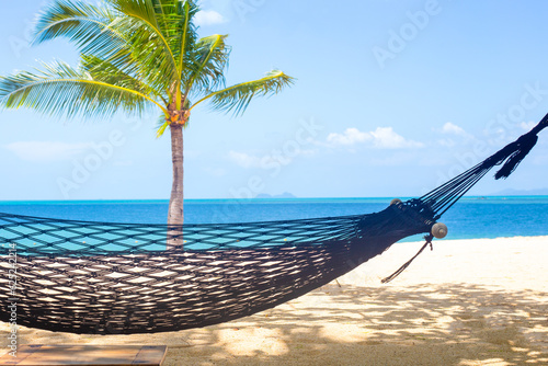 Wicker hammock against the backdrop of the blue sea and coconut palm. Rest and relaxation.