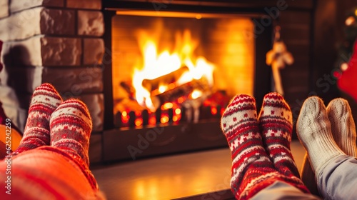 Feet Wrapped in Woollen Socks by the Christmas Fire - Generative ai