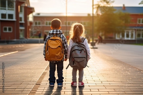 Little Sister and Brother Walk to School Together with Sunlight - Generative ai