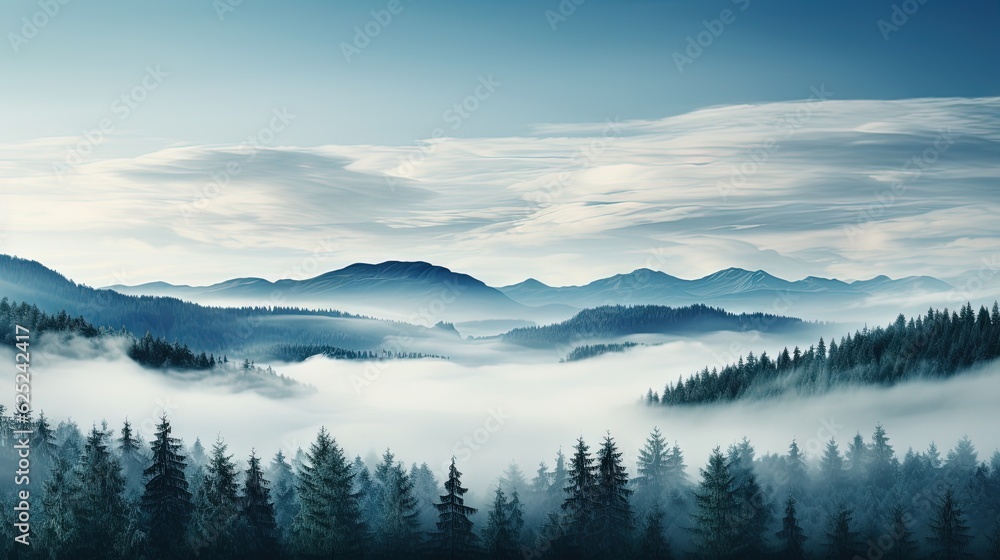  a painting of a mountain range with trees in the foreground.  generative ai