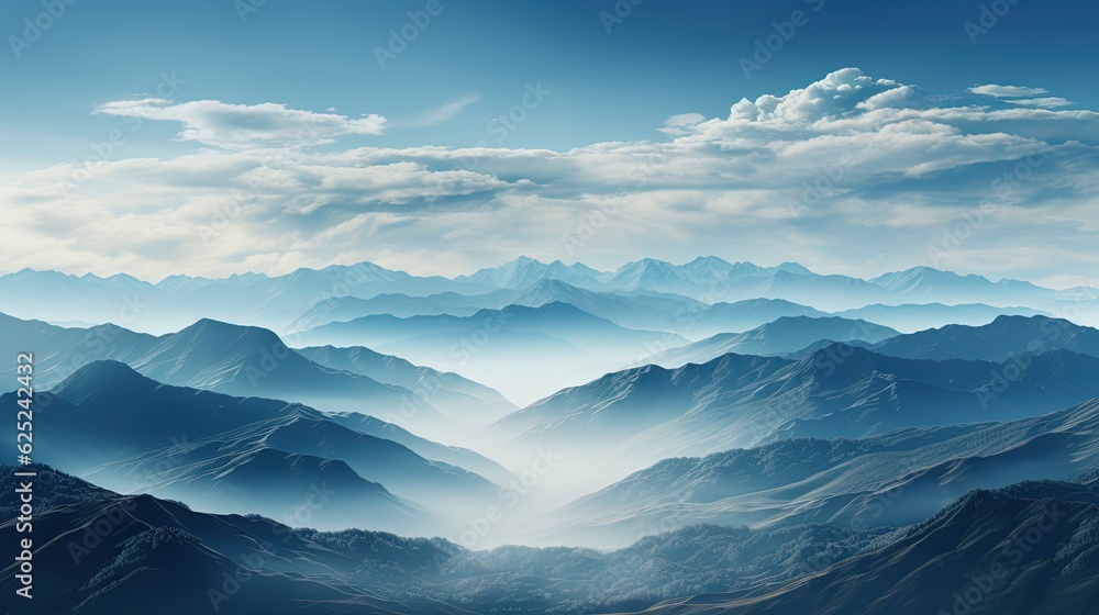  a view of a mountain range from a plane window with a blue sky and clouds.  generative ai