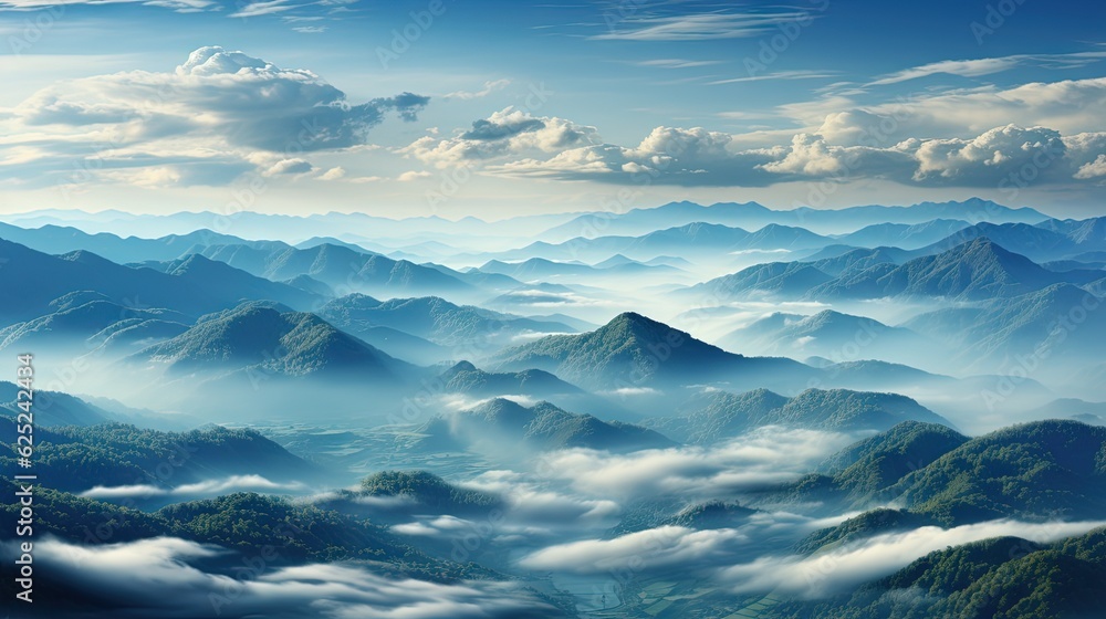  a painting of a mountain range with clouds and trees in the foreground.  generative ai