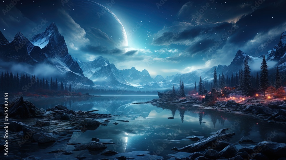 a painting of a night scene with mountains and a lake. generative ai a painting of a night scene with mountains and a lake. generative ai