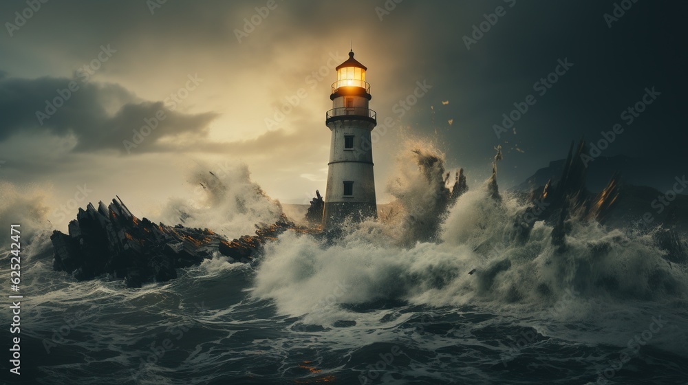  a lighthouse in the middle of the ocean surrounded by waves.  generative ai