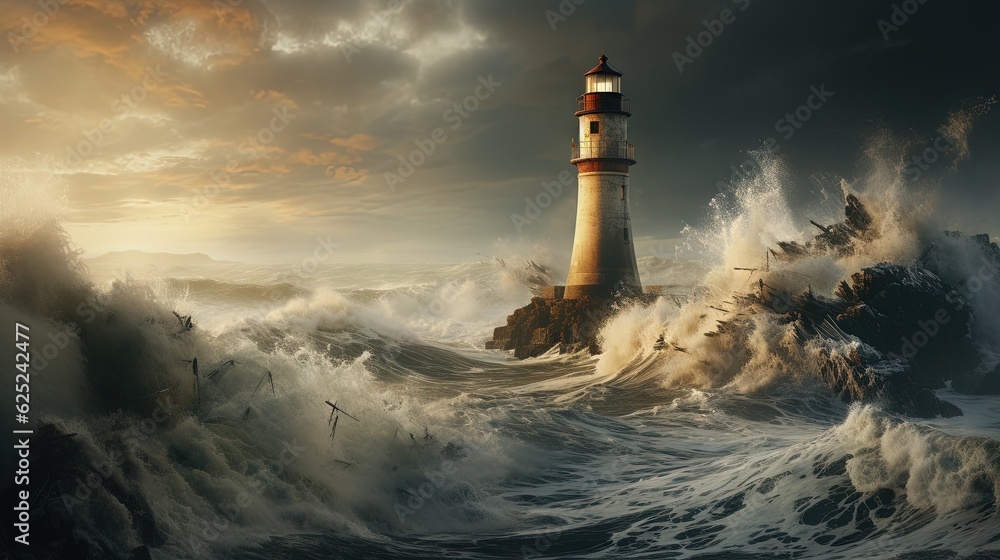  a lighthouse in the middle of the ocean surrounded by waves.  generative ai