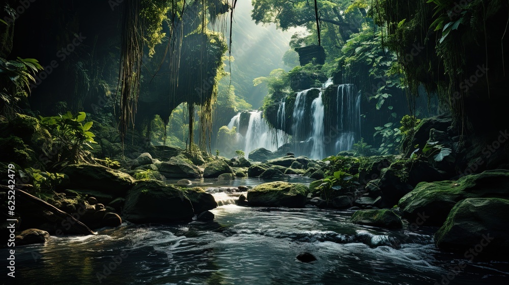  a stream running through a lush green forest filled with lots of trees.  generative ai