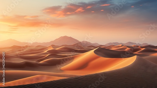  a desert landscape with sand dunes and mountains in the background.  generative ai