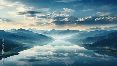  a lake surrounded by mountains under a cloudy sky with a reflection in the water.  generative ai © Jevjenijs