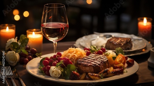  a plate of food and a glass of wine on a table. generative ai