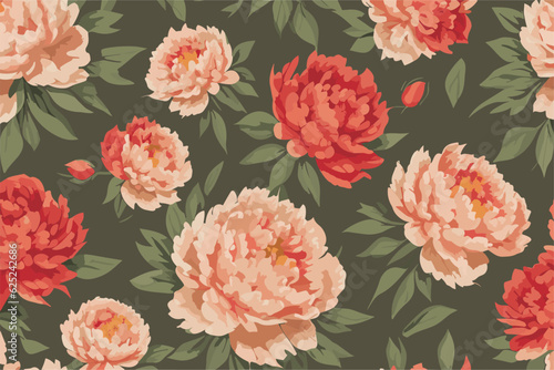Vector pattern with pink and red flowers
and small peony buds, green leaves. 
Floral background.