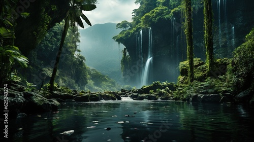  a river in a jungle with a waterfall in the background.  generative ai
