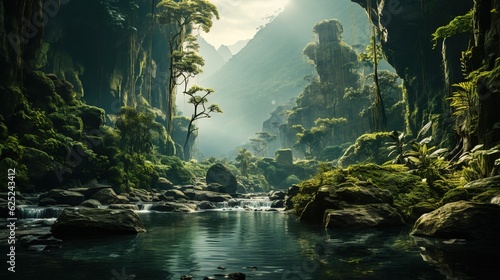  a river running through a lush green forest filled with rocks.  generative ai