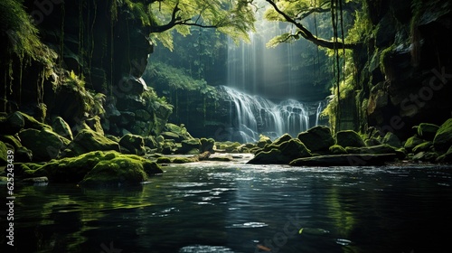  a stream running through a lush green forest next to a waterfall. generative ai