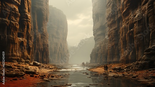  a man standing in a narrow river surrounded by rocky cliffs. generative ai
