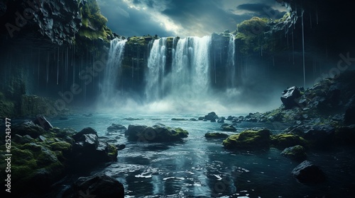  a large waterfall with a waterfall in the middle of it.  generative ai