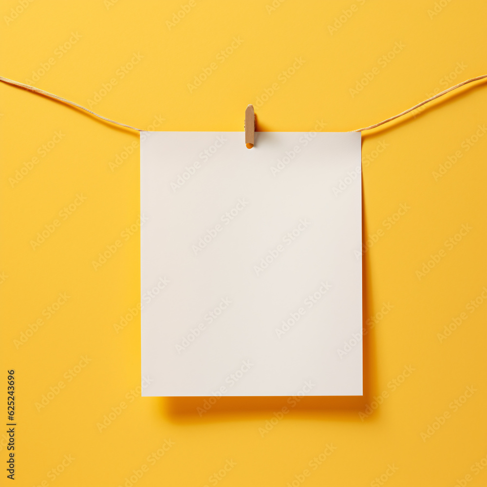 blank note paper with clip on yellow background - obrazy, fototapety, plakaty 