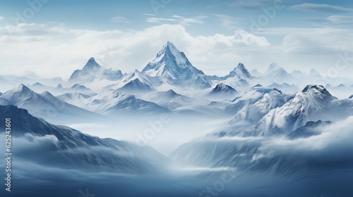  a painting of a mountain range in the sky with clouds.  generative ai © Jevjenijs