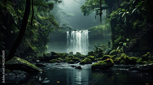  a waterfall in the middle of a forest with mossy rocks. generative ai