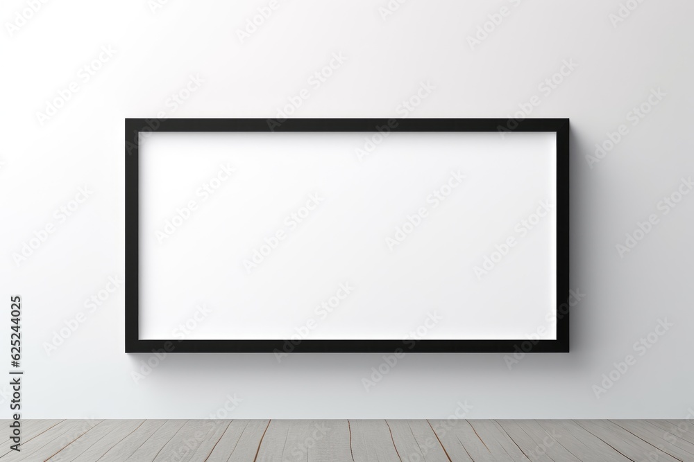 A large blank picture frame hangs on a wall, black frame, mockup, horizontal, landscape, generative ai