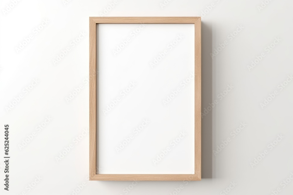 One empty frame hanging on a wall, brown wooden frame, portrait, mockup, generative AI One empty frame hanging on a wall, brown wooden frame, portrait, mockup, generative AI