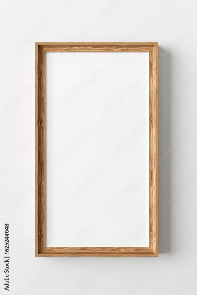 One empty frame hanging on a wall, brown thick wooden frame, portrait, mockup, generative AI One empty frame hanging on a wall, brown thick wooden frame, portrait, mockup, generative AI