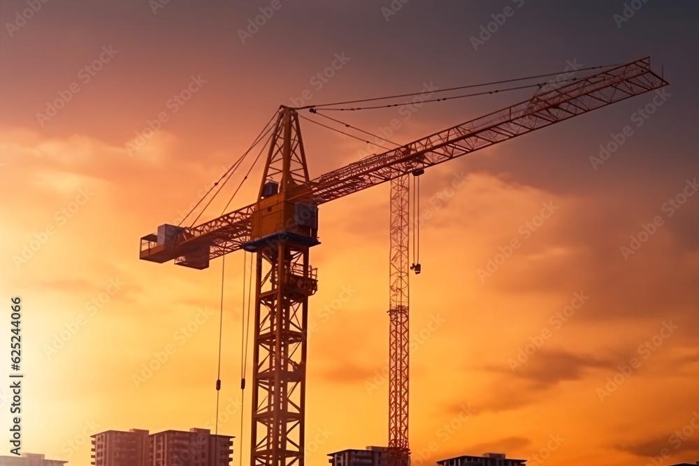 Construction crane at the construction site of a high-rise building. Tower crane and building under construction, Generative AI technology. Construction crane at the construction site of a high-rise building. Tower crane and building under construction, Generative AI technology.