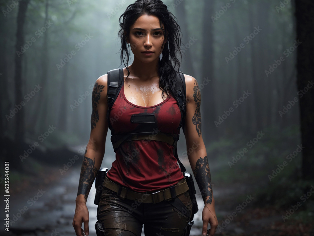 Futuristic beautiful mercenary woman walking in a dark wood, a tattered wet T-shirt, stained and tactical pants, wet hair, black hair, tattooed hands and body,  symmetric face- Generative AI photo